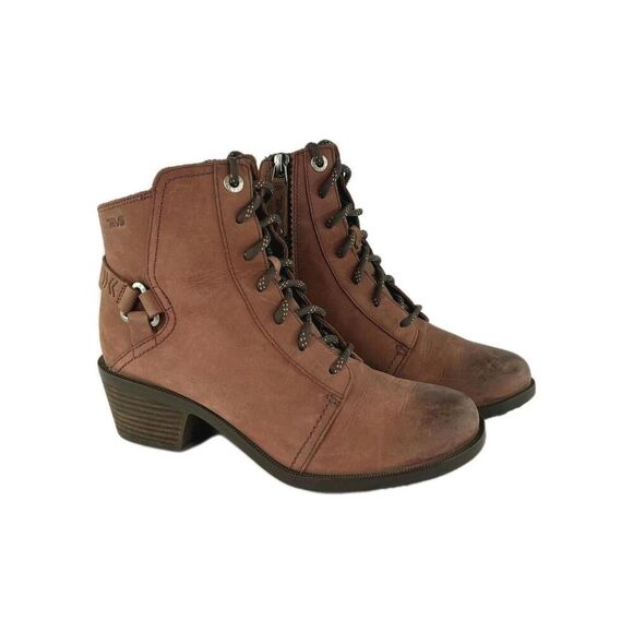 Teva Foxy Lace Up Ankle Boot Womens US 6.5 Brown Waterproof Leather Side Zip - Picture 1 of 15